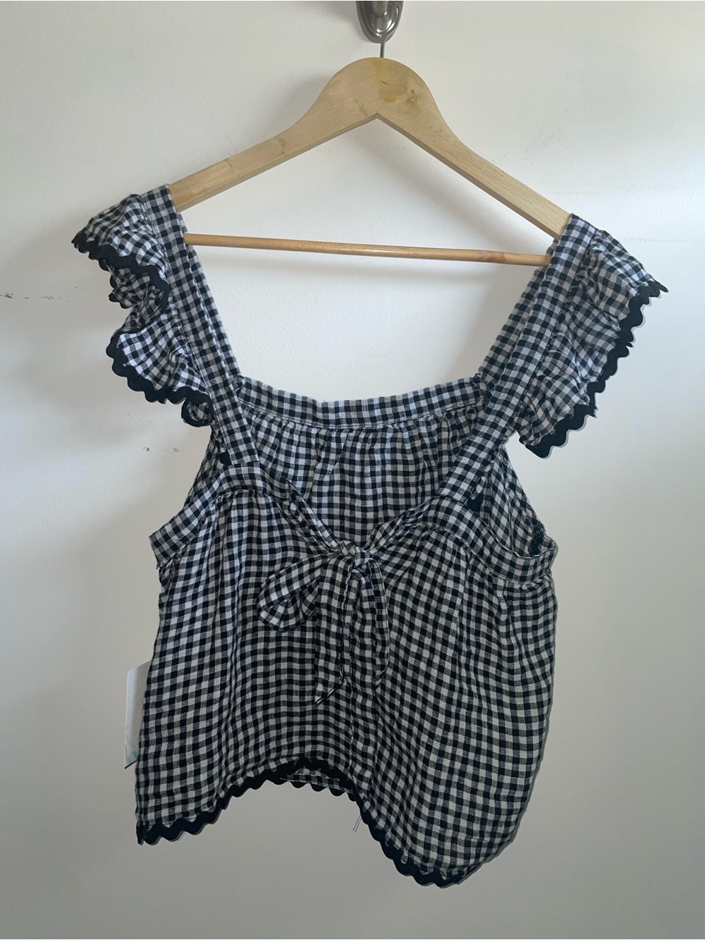 Cynthia Rowley Black & White Gingham Ruffle Tie-Front Linen Top